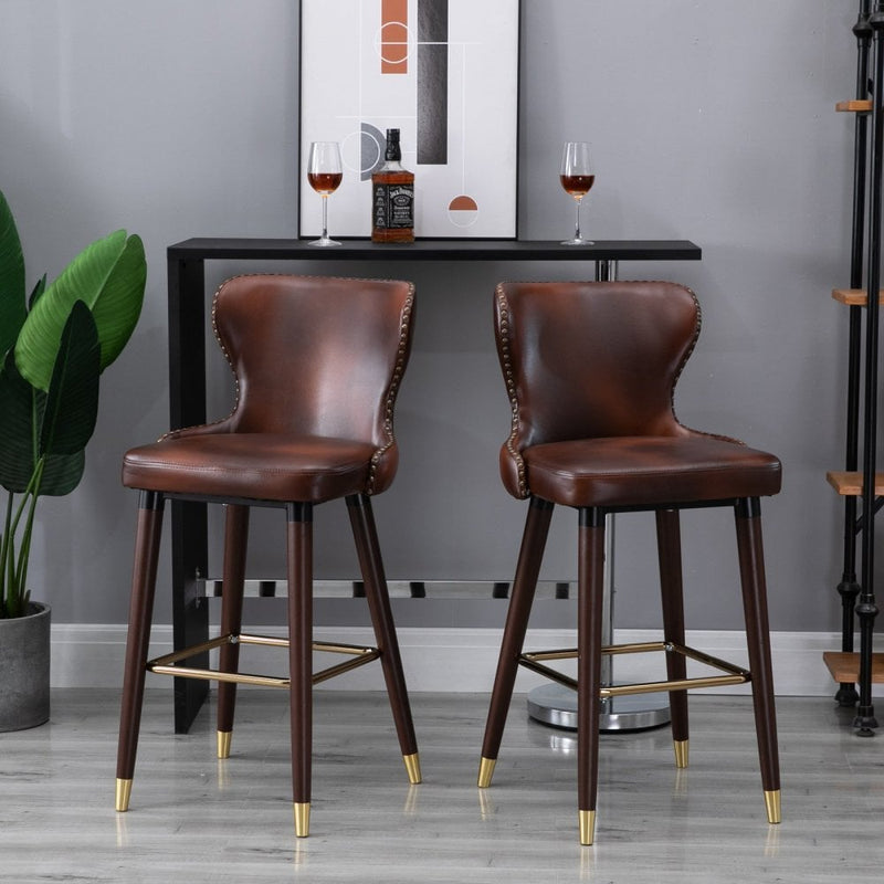 PU Leather Upholstered Set-of-2 Bar Chairs - Brown