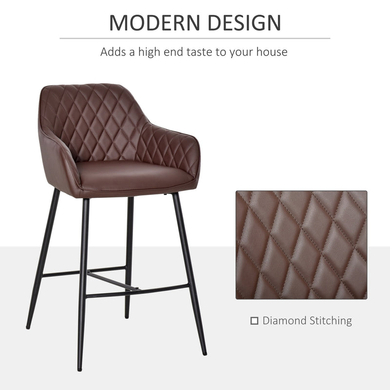 industrial Style Bar Chairs Set of 2 with Footrest Solid Frame PU Upholstery, Brown