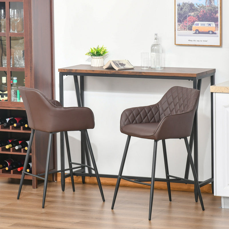 industrial Style Bar Chairs Set of 2 with Footrest Solid Frame PU Upholstery, Brown
