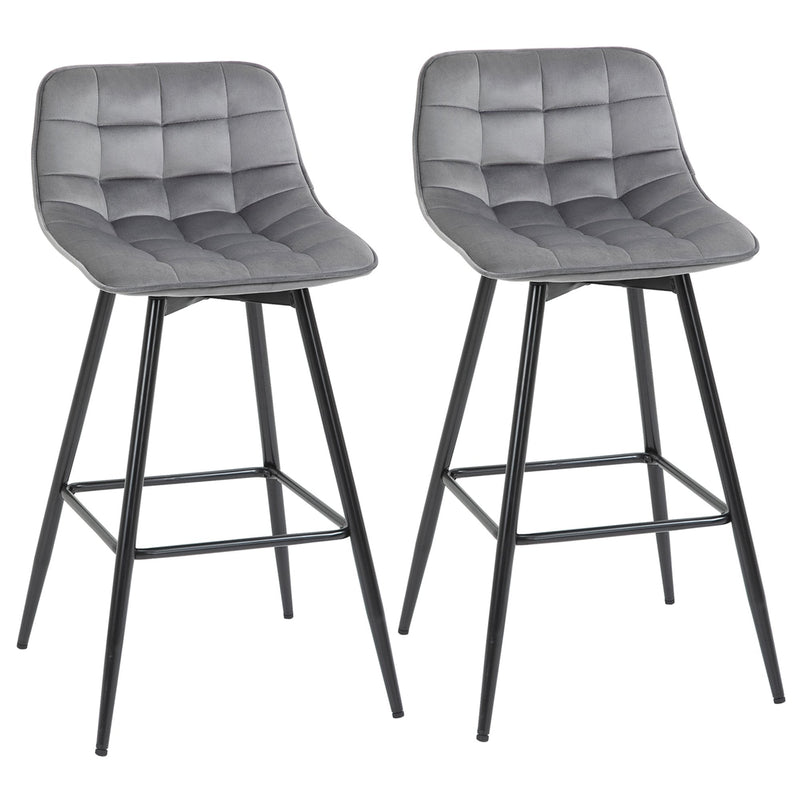 HOMCOM Set of 2 Bar Stools Velvet-Touch Dining Chairs - Grey