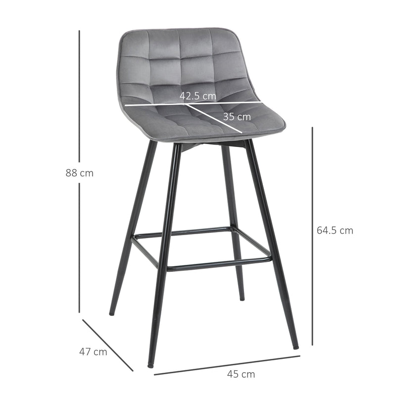 HOMCOM Set of 2 Bar Stools Velvet-Touch Dining Chairs - Grey