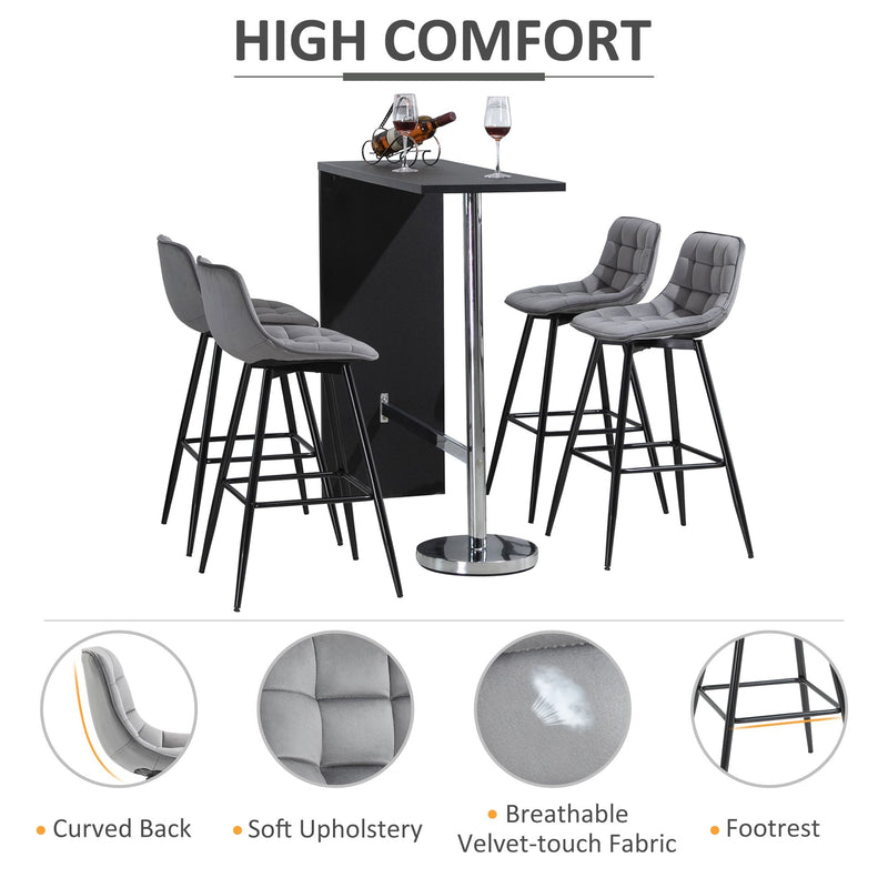 HOMCOM Set of 2 Bar Stools Velvet-Touch Dining Chairs - Grey