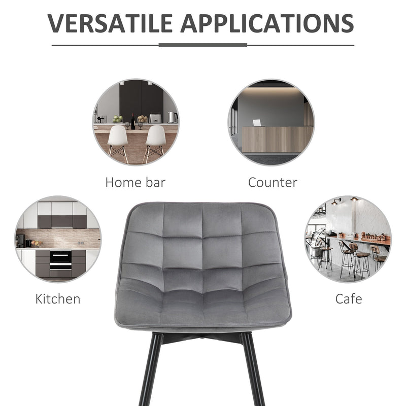 HOMCOM Set of 2 Bar Stools Velvet-Touch Dining Chairs - Grey