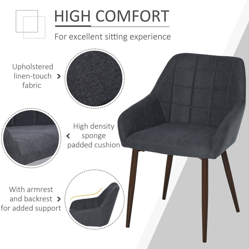 2 Pieces Linen-Touch Fabric Dining Chair with Grid Pattern Cushion and Backrest, Sponge Padded Armchair for Living Room, Bedroom, Office