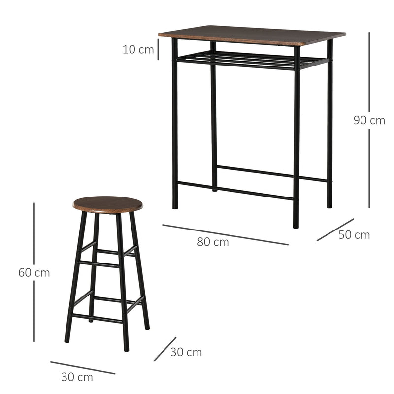 HOMCOM Bar Table Set, Bar Table and Stools Set, Footrest and Storage Shelf, for Kitchen, Dining Room, Pub, Cafe, Black and Oak