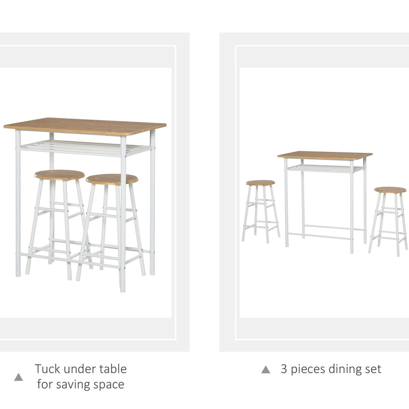 HOMCOM 3 Piece Bar Height Dining Furniture Set with 1 Table and 2 Matching Chairs with Metal Frame Footrest and Storage Shelf, for Kitchen, Dining Room, Pub, Cafe