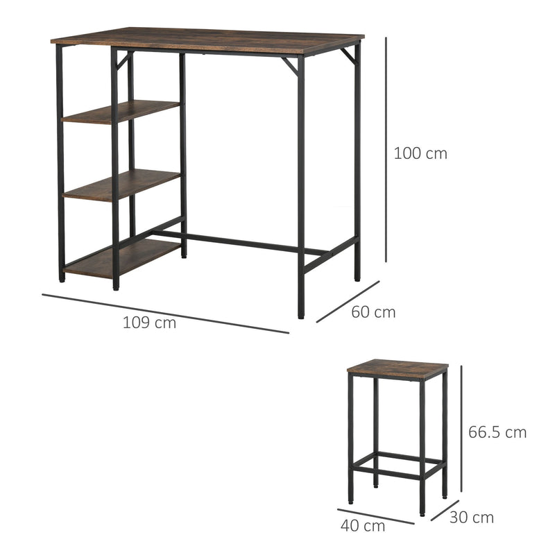 HOMCOM Dining Table Set Industrial Bar Height With 2 Stools & Side Shelf, 3 Pieces Coffee Table for Dining Room, Kitchen, Dinette