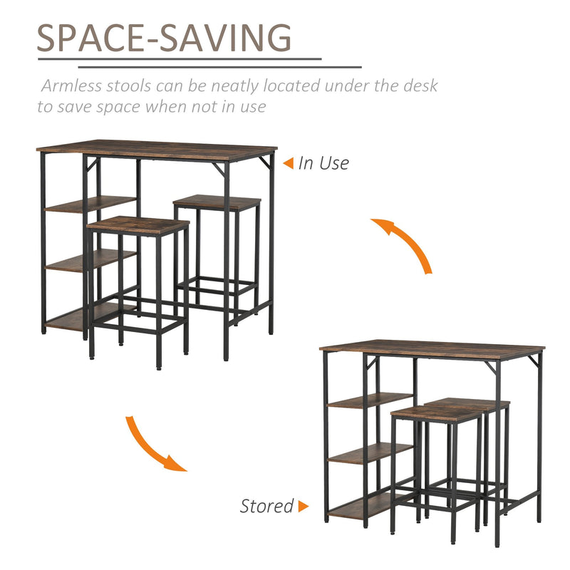 HOMCOM Dining Table Set Industrial Bar Height With 2 Stools & Side Shelf, 3 Pieces Coffee Table for Dining Room, Kitchen, Dinette