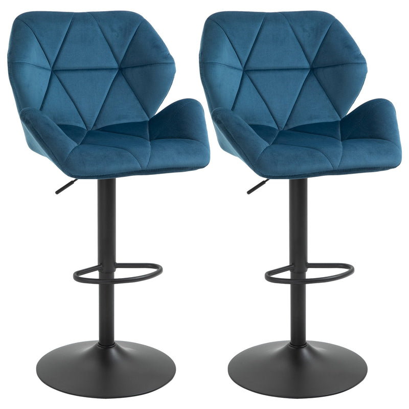 Set Of 2 Luxurious Velvet - Touch Kitchen Bar Stools w/ Metal Frame Footrest Base Blue
