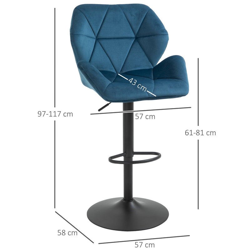 Set Of 2 Luxurious Velvet - Touch Kitchen Bar Stools w/ Metal Frame Footrest Base Blue