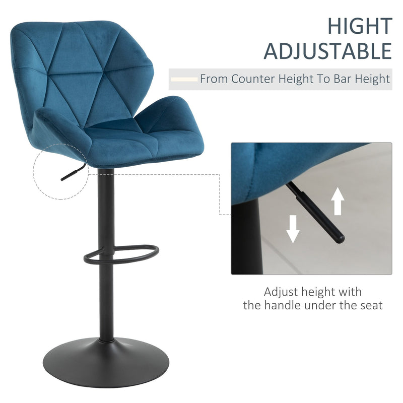 Set Of 2 Luxurious Velvet - Touch Kitchen Bar Stools w/ Metal Frame Footrest Base Blue