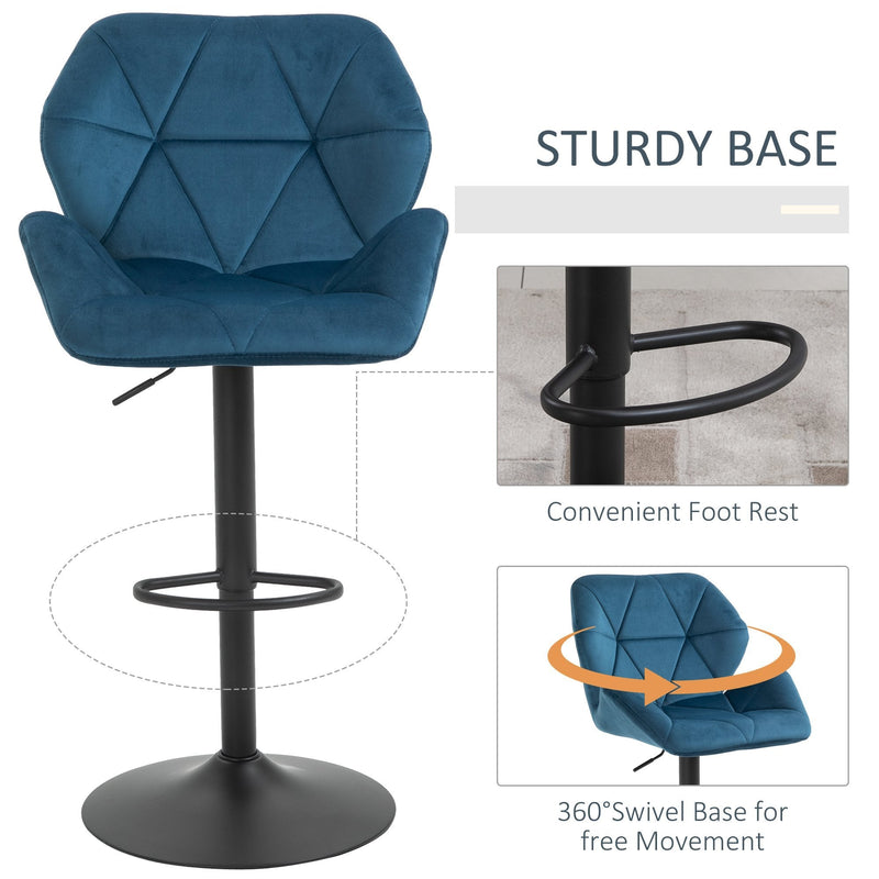 Set Of 2 Luxurious Velvet - Touch Kitchen Bar Stools w/ Metal Frame Footrest Base Blue