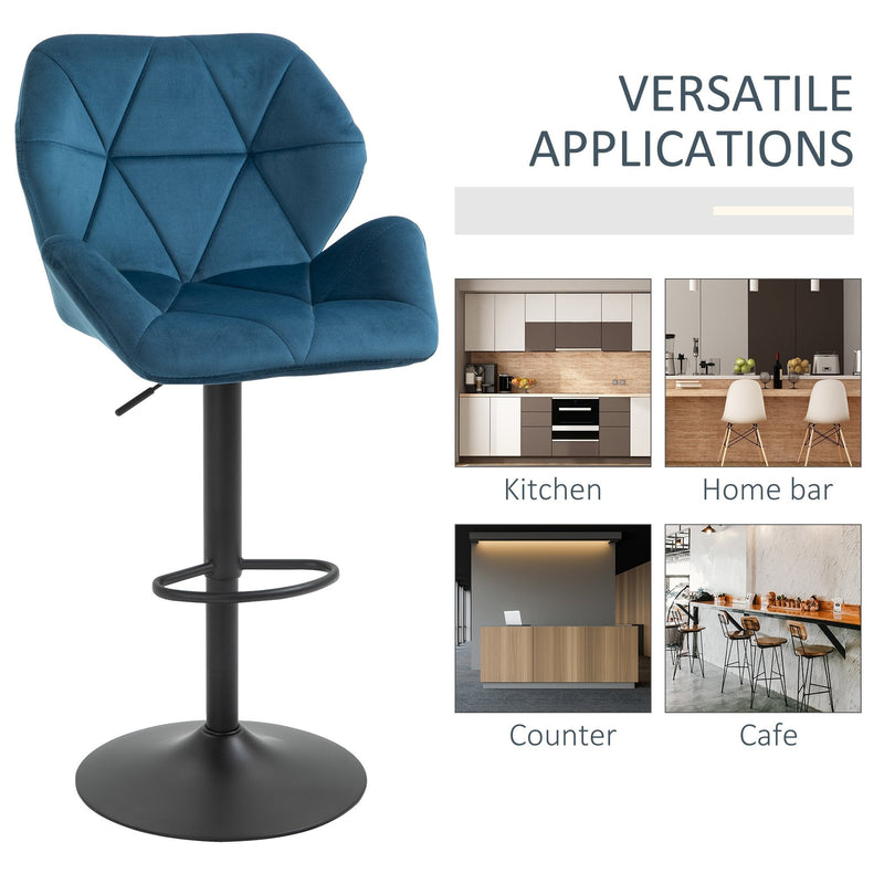 Set Of 2 Luxurious Velvet - Touch Kitchen Bar Stools w/ Metal Frame Footrest Base Blue