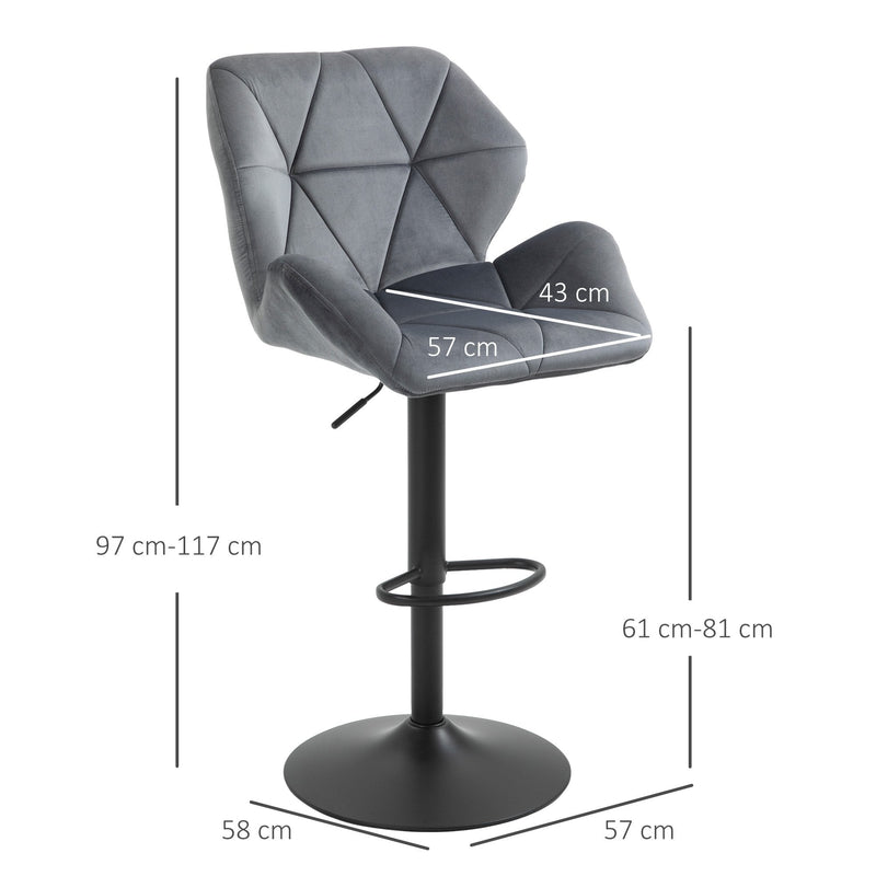 Set Of 2 Luxurious Velvet-Touch Bar Stools w/ Metal Frame Footrest Adjustable Height Swivel Grey