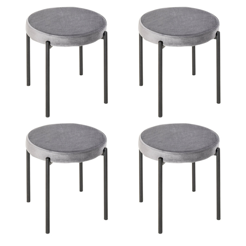 Backless Stackable Dining Stools Velvet-Touch Fabric Upholstered Round Chair with Steel Legs, Set of 4, Grey 4