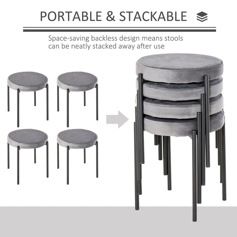 Backless Stackable Dining Stools Velvet-Touch Fabric Upholstered Round Chair with Steel Legs, Set of 4, Grey 4