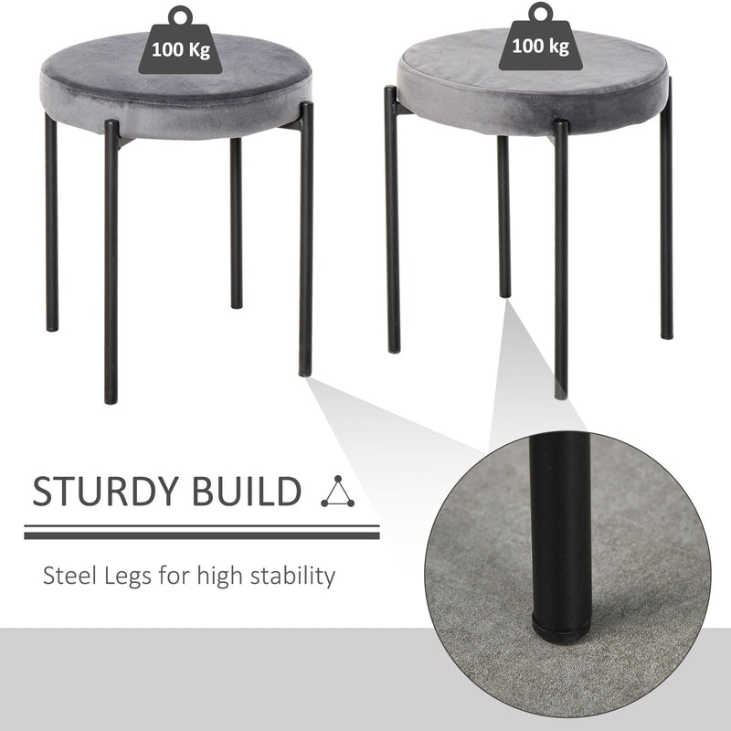 Backless Stackable Dining Stools Velvet-Touch Fabric Upholstered Round Chair with Steel Legs, Set of 4, Grey 4