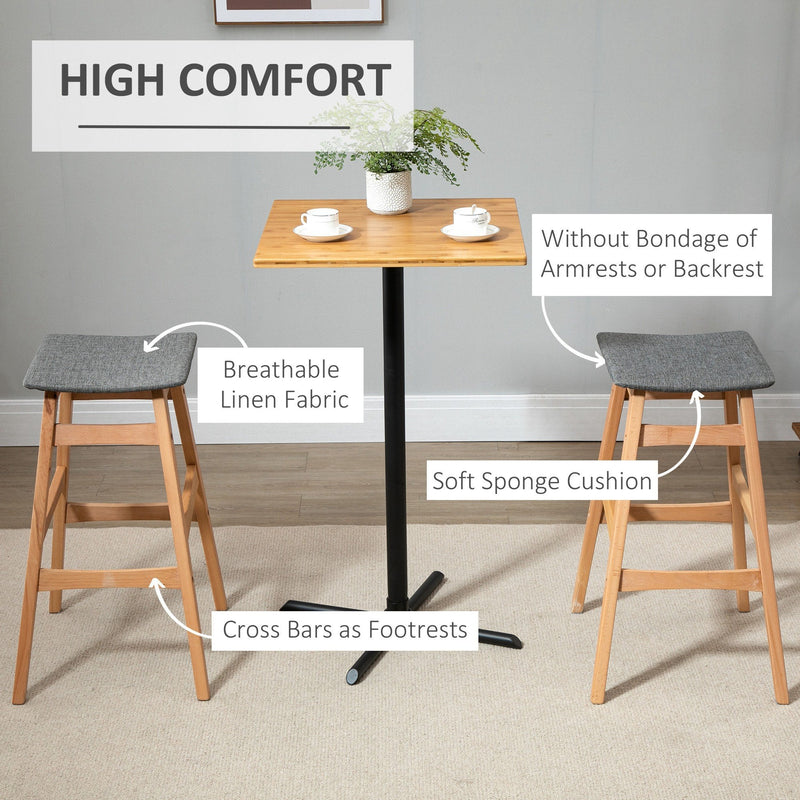 Wooden Bar Stool Linen Fabric Covered Cushion Beech Wood Legs Pub Barstool w/ Curved Seat Anti-slip Footpads Kitchen Breakfast Chair, Natural Style, Natural Seat