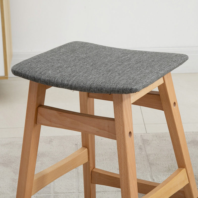 Wooden Bar Stool Linen Fabric Covered Cushion Beech Wood Legs Pub Barstool w/ Curved Seat Anti-slip Footpads Kitchen Breakfast Chair, Natural Style, Natural Seat