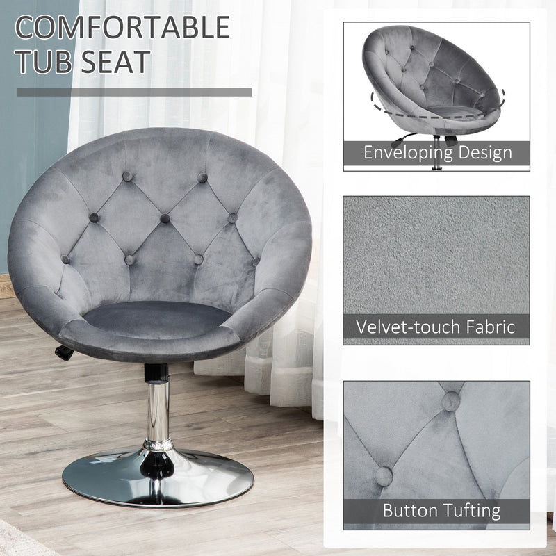 Modern Dining Height Bar Stool Velvet-Touch Tufted Fabric Adjustable Height Armless Tub Chair with Swivel Seat, Grey wivel
