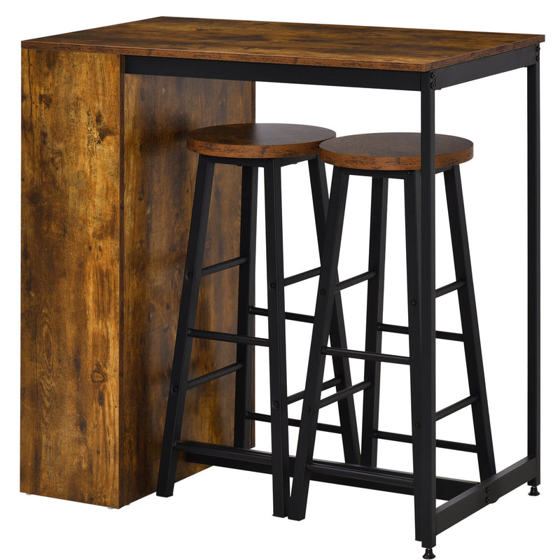 3 Piece Industrial Style Bar Table Set, Table and 2 Stools with Storage Shelf for Kitchen, Living Room, Coffe Shop - Rustic Brown