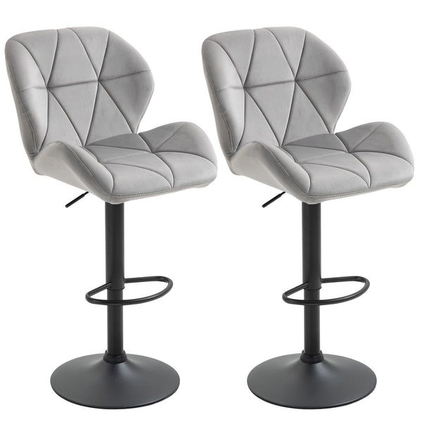 Bar Stool Set Of 2 Fabric Adjustable Height Armless Upholstered Counter Chairs With Swivel Seat, Light Grey