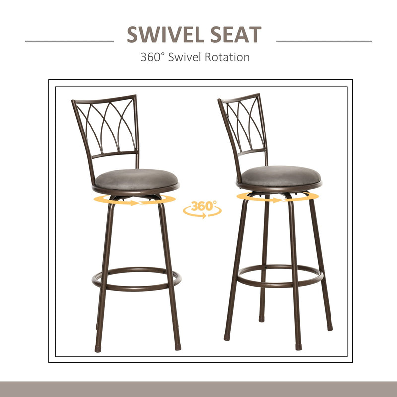Set of 2 Bar Chairs Swivel Armless Upholstered Metal Frame Barstools with Backrest & Footrest, Bronze Footrest