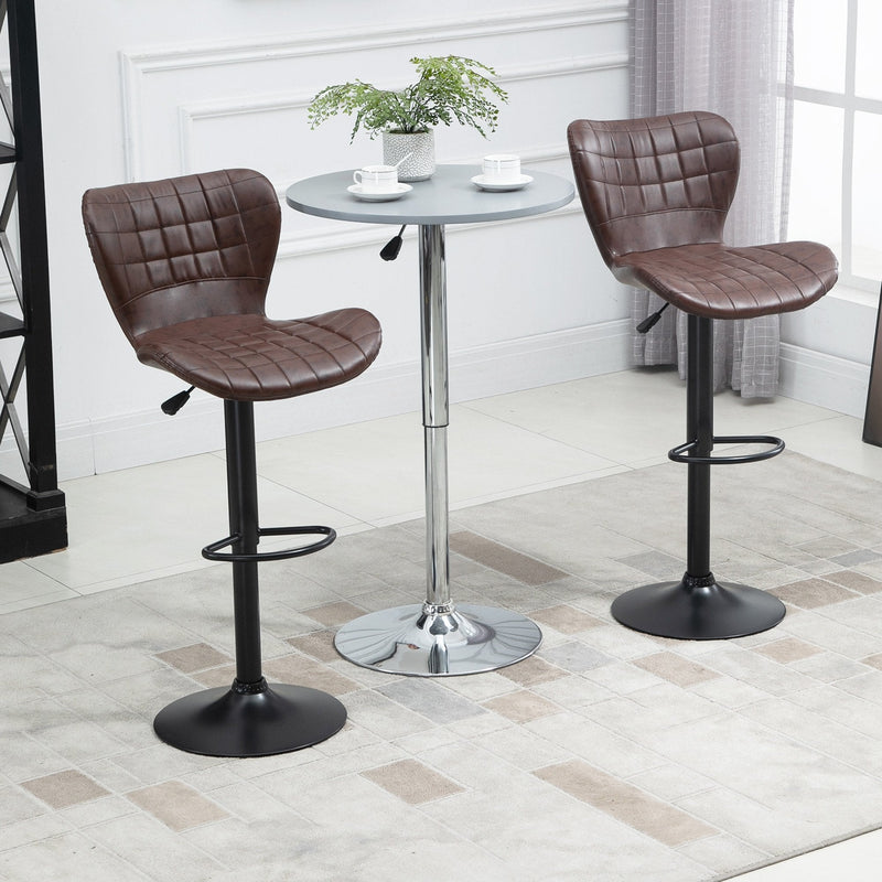 Bar Stools Set of 2 Brown Adjustable Height Swivel Bar Chairs in PU Leather with Backrest & Footrest