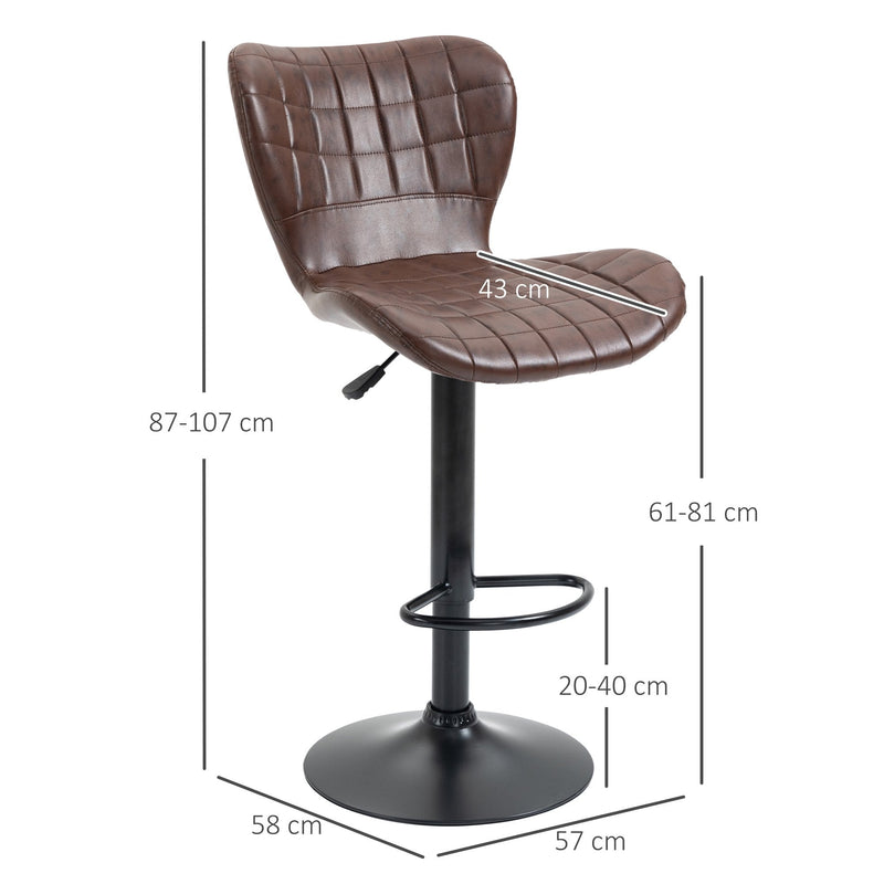 Bar Stools Set of 2 Brown Adjustable Height Swivel Bar Chairs in PU Leather with Backrest & Footrest