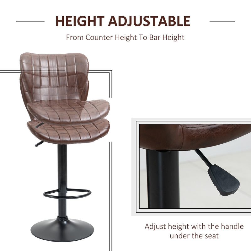 Bar Stools Set of 2 Adjustable Height Swivel Bar Chairs in PU Leather with Backrest & Footrest, Brown Footrest