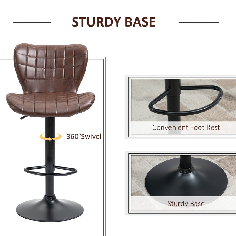 Bar Stools Set of 2 Brown Adjustable Height Swivel Bar Chairs in PU Leather with Backrest & Footrest