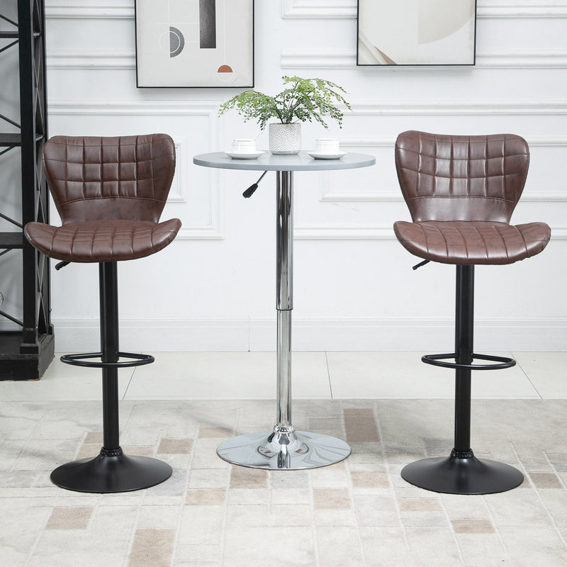 Bar Stools Set of 2 Brown Adjustable Height Swivel Bar Chairs in PU Leather with Backrest & Footrest