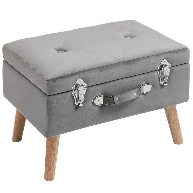 Faux Velvet Upholstered Ottoman Trunk with Wooden Legs - Grey