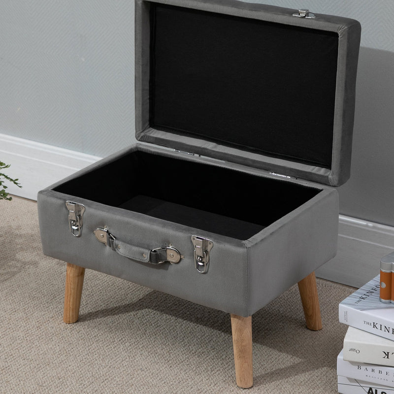 Faux Velvet Upholstered Ottoman Trunk with Wooden Legs - Grey