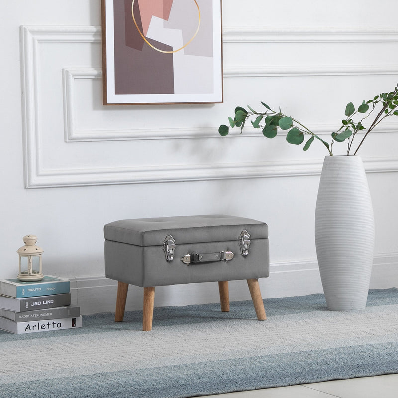 Faux Velvet Upholstered Ottoman Trunk with Wooden Legs - Grey