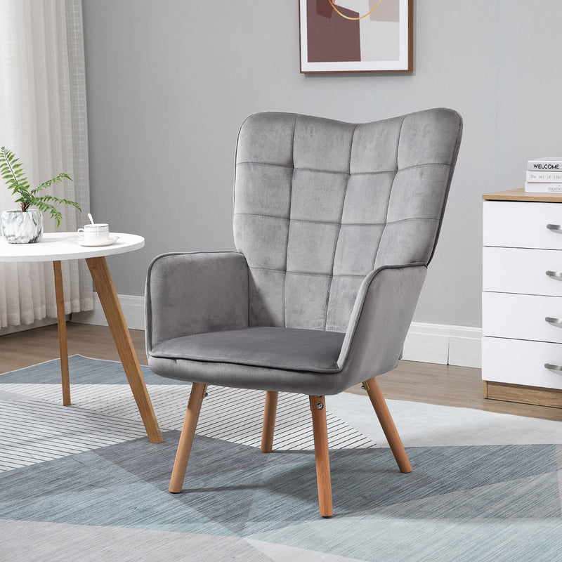 Modern Accent Chair Velvet-Touch Tufted Wingback Armchair Upholstered Leisure Lounge Sofa Club Chair with Wood Legs, Grey Armchair