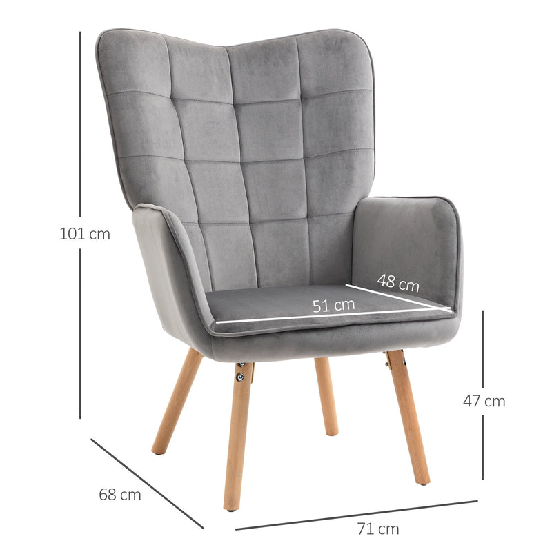 Modern Accent Chair Velvet-Touch Tufted Wingback Armchair Upholstered Leisure Lounge Sofa Club Chair with Wood Legs, Grey Armchair