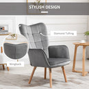 Modern Accent Chair Velvet-Touch Tufted Wingback Armchair Upholstered Leisure Lounge Sofa Club Chair with Wood Legs, Grey Armchair