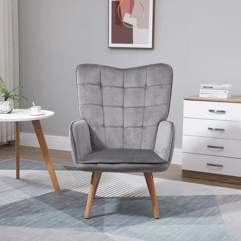 Modern Accent Chair Velvet-Touch Tufted Wingback Armchair Upholstered Leisure Lounge Sofa Club Chair with Wood Legs, Grey Armchair