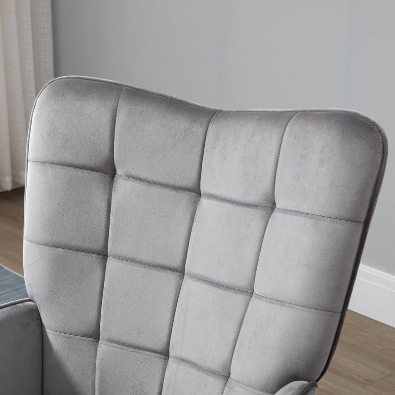 Modern Accent Chair Velvet-Touch Tufted Wingback Armchair Upholstered Leisure Lounge Sofa Club Chair with Wood Legs, Grey Armchair