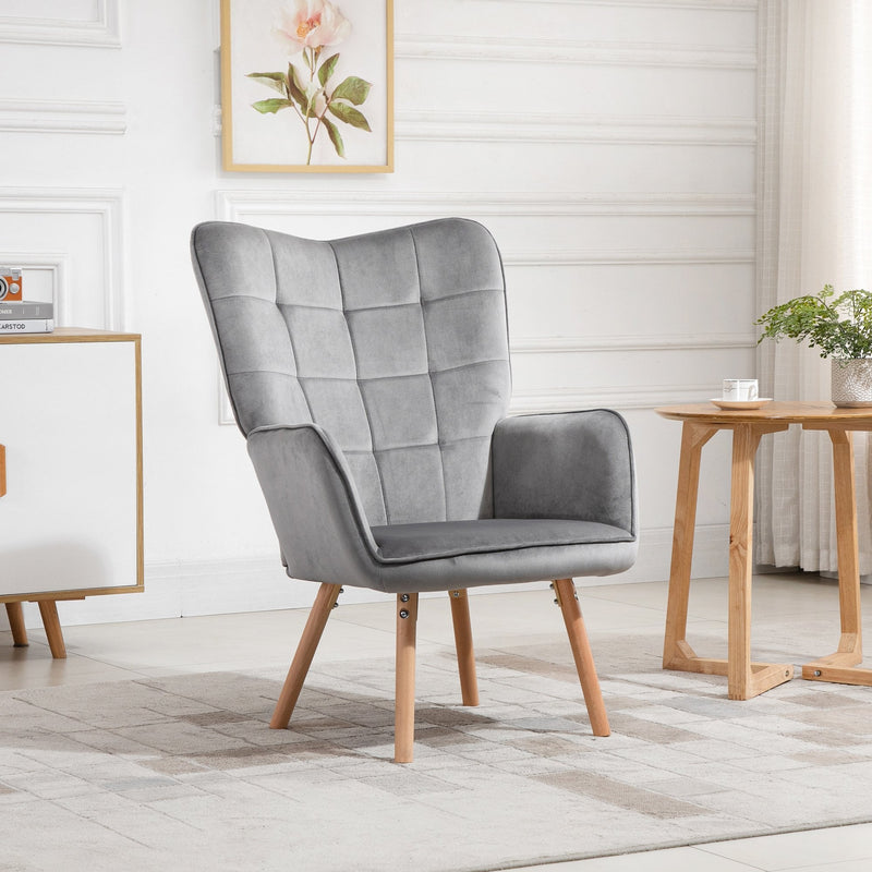 Modern Accent Chair Velvet-Touch Tufted Wingback Armchair Upholstered Leisure Lounge Sofa Club Chair with Wood Legs, Grey Armchair