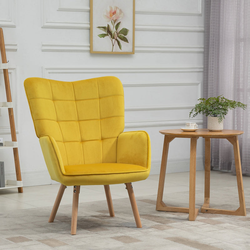 Modern Accent Chair Velvet-Touch Tufted Wingback Armchair Upholstered Leisure Lounge Sofa Club Chair with Wood Legs, Yellow Armchair