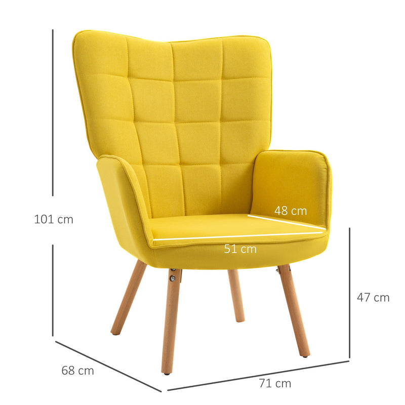 Modern Accent Chair Velvet-Touch Tufted Wingback Armchair Upholstered Leisure Lounge Sofa Club Chair with Wood Legs, Yellow Armchair