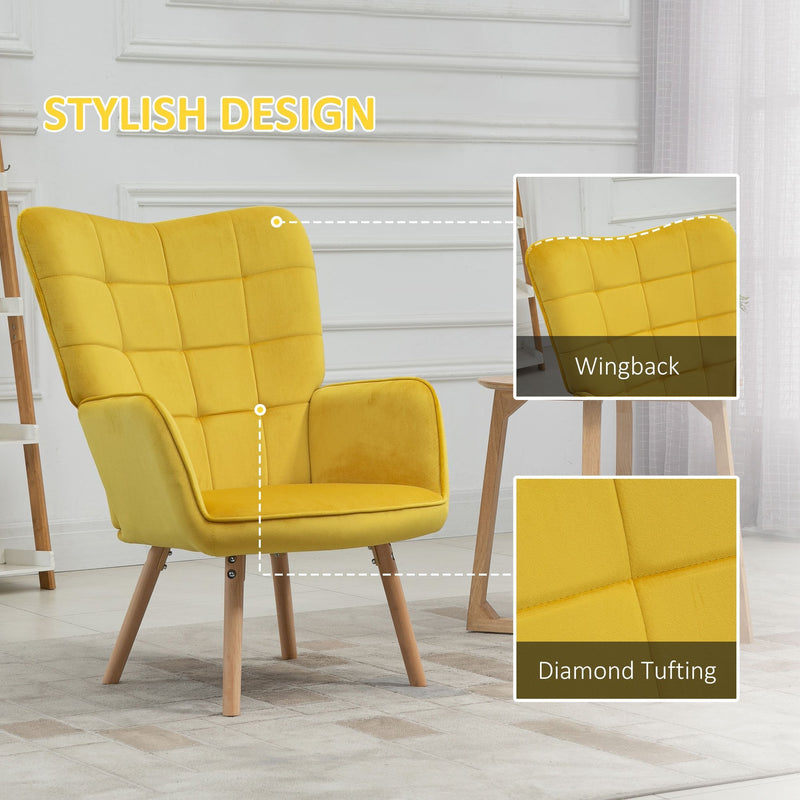 Modern Accent Chair Velvet-Touch Tufted Wingback Armchair Upholstered Leisure Lounge Sofa Club Chair with Wood Legs, Yellow Armchair