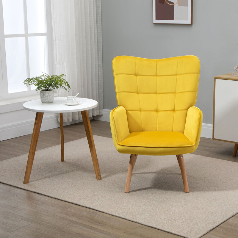 Modern Accent Chair Velvet-Touch Tufted Wingback Armchair Upholstered Leisure Lounge Sofa Club Chair with Wood Legs, Yellow Armchair
