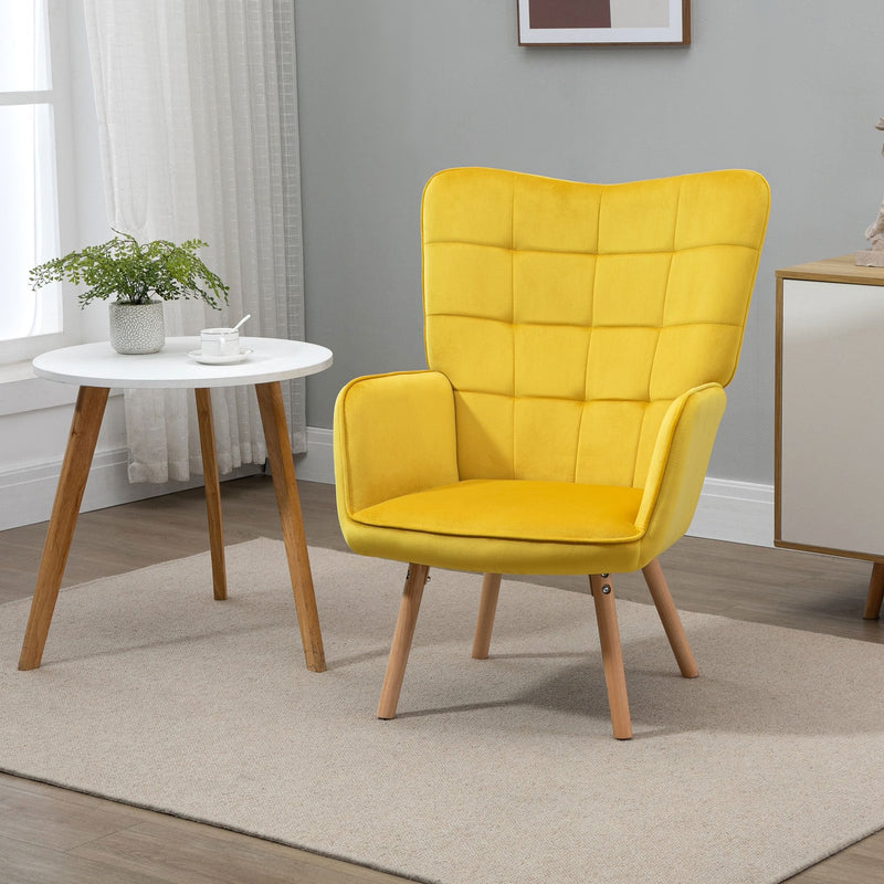 Modern Accent Chair Velvet-Touch Tufted Wingback Armchair Upholstered Leisure Lounge Sofa Club Chair with Wood Legs, Yellow Armchair
