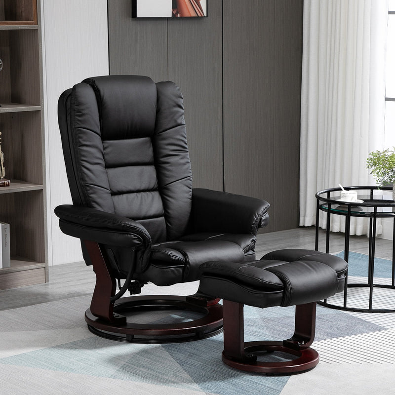Manual Recliner and Ottoman Set PU Leather Leisure Lounge Chair Armchair with Swivel Wood Base, Black