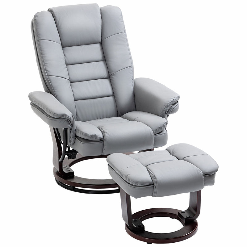 Manual Recliner and Footrest Set PU Leather Leisure Lounge Chair Armchair with Swivel Wood Base, Grey