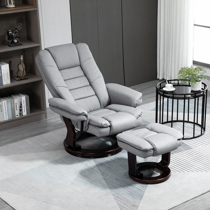 Manual Recliner and Footrest Set PU Leather Leisure Lounge Chair Armchair with Swivel Wood Base, Grey
