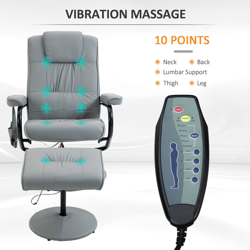 Manual Sofa Reclining Armchair PU Leather Massage Recliner Chair and Ottoman with Heating Function, Grey Cushioned 10 Point Vibration